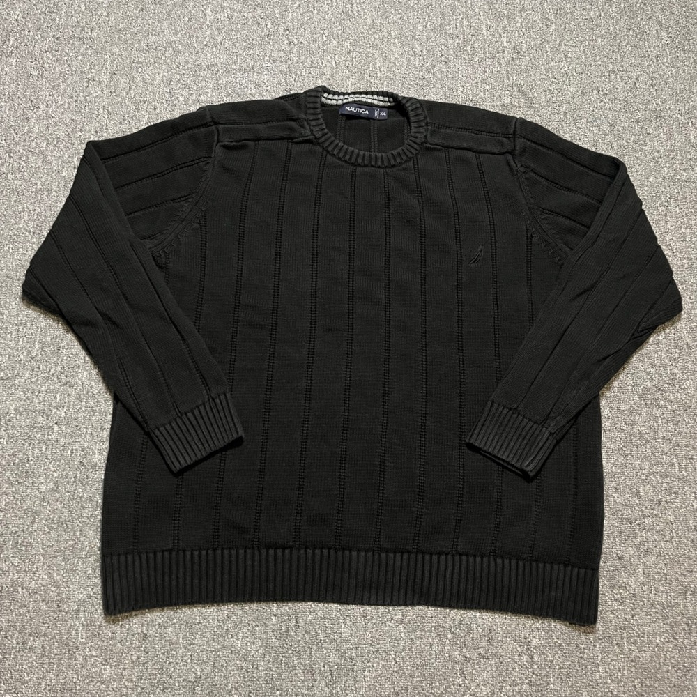 Nautica Mens XXL Black Ribbed‎ Knit Cotton Crewneck Sweater Pullover Logo
